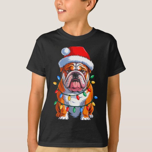 English Bulldog Dog Christmas Lights Santa Hat Xma Tシャツ (正面)