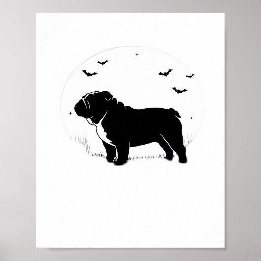 English Bulldog Dog - Halloween Moon Silhouette Ov ポスター (正面)