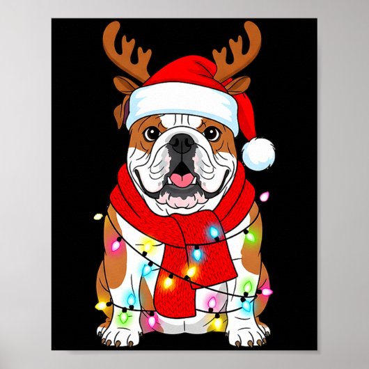 English Bulldog Dog Tree Christmas Lights Xmas Paj ポスター (正面)