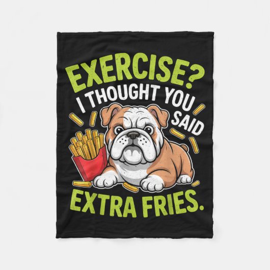 English Bulldog Exercise, Extra Fries Funny フリースブランケット (正面)