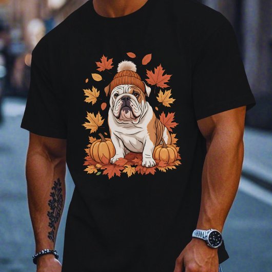 English Bulldog Fall Scarf Autumn Leaves Dog Lover Tシャツ