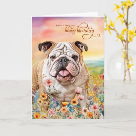 English Bulldog Field of Wildflowers Birthday カード
