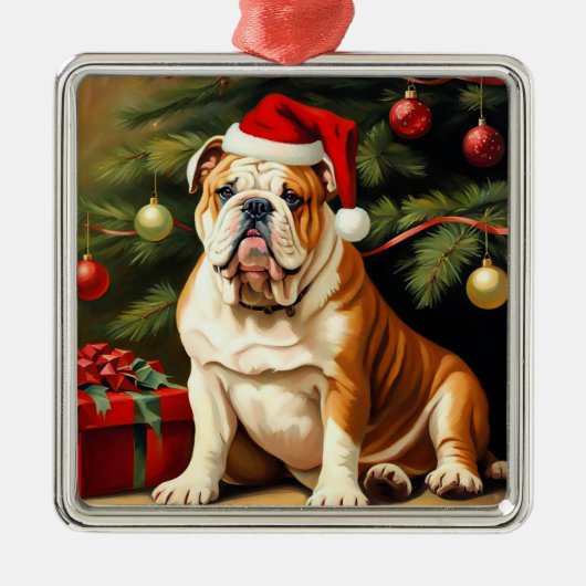 English Bulldog in Santa hat, メタルオーナメント (正面)