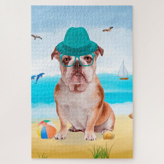 English Bulldog on Beach ジグソーパズル (縦)