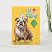 English Bulldog Party Hat Yellow Birthday カード (正面)