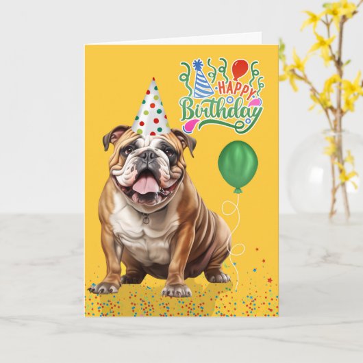 English Bulldog Party Hat Yellow Birthday カード (黄色い花)