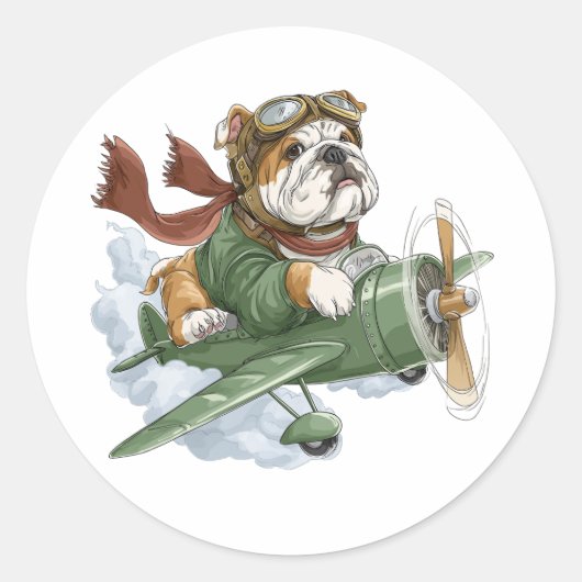 English Bulldog Pilot Airplane ラウンドシール (正面)