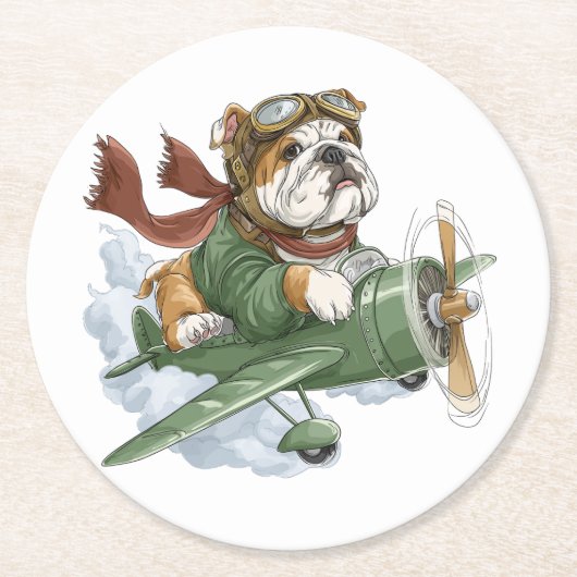 English Bulldog Pilot Airplane ラウンドペーパーコースター (正面)