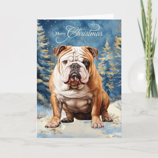 English Bulldog Pine Winter Forest Christmas シーズンカード (正面)