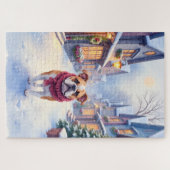 English Bulldog Snowy Christmas Village Holiday ジグソーパズル (横)