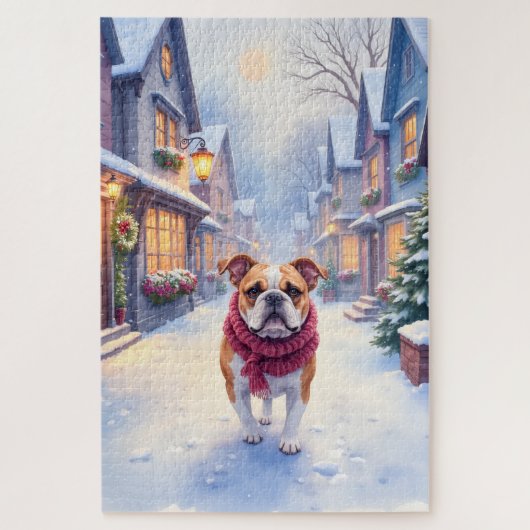 English Bulldog Snowy Christmas Village Holiday ジグソーパズル (縦)