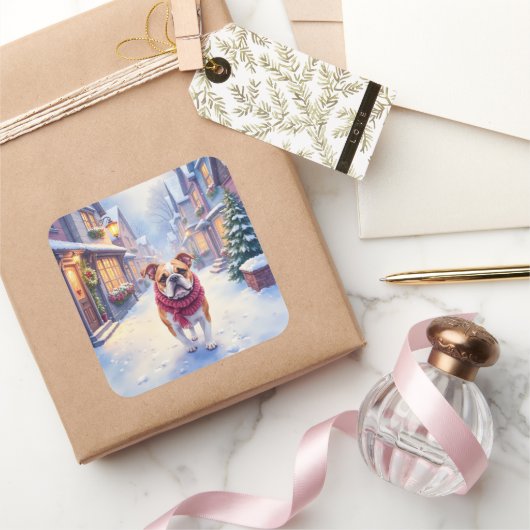 English Bulldog Snowy Christmas Village Holiday スクエアシール (ギフト)