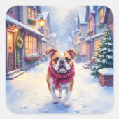 English Bulldog Snowy Christmas Village Holiday スクエアシール (正面)