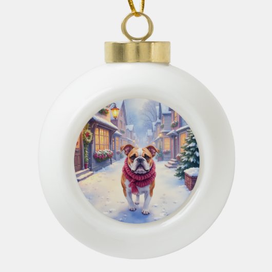 English Bulldog Snowy Christmas Village Holiday セラミックボールオーナメント (正面)
