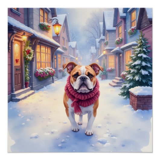 English Bulldog Snowy Christmas Village Holiday ポスター (正面)