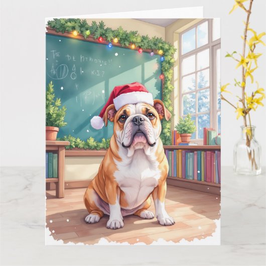 English Bulldog Teacher Classroom Santa Hat カード (黄色い花)