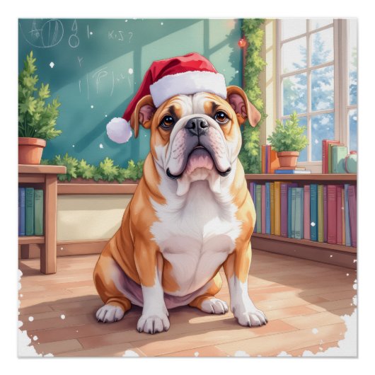 English Bulldog Teacher Classroom Santa Hat ポスター (正面)