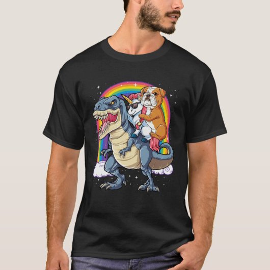 English Bulldog Unicorn Riding Dinosaur rex  Men W Tシャツ (正面)