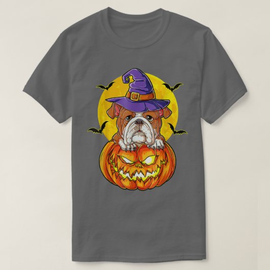 English Bulldog Witch Pumpkin Halloween Girls Wome Tシャツ (デザイン正面)