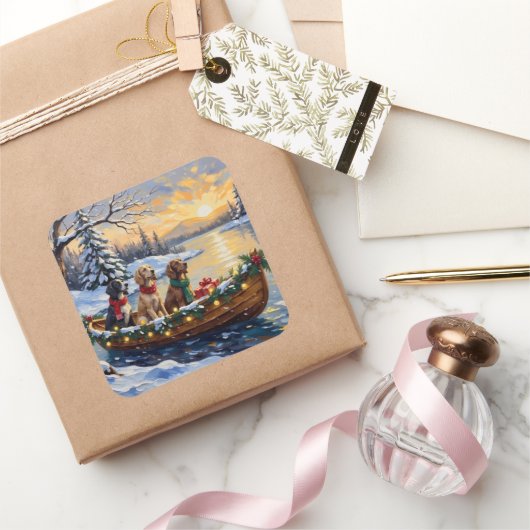 English Setter Christmas Boat Holiday スクエアシール (ギフト)