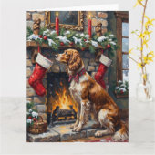 English Setter Christmas Fireplace Stocking カード (黄色い花)