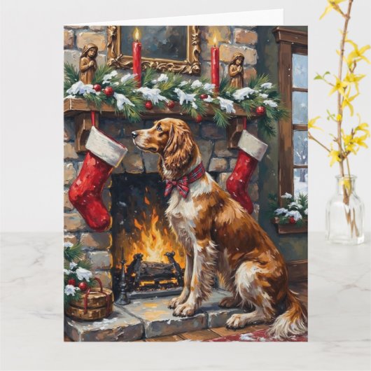 English Setter Christmas Fireplace Stocking カード (黄色い花)