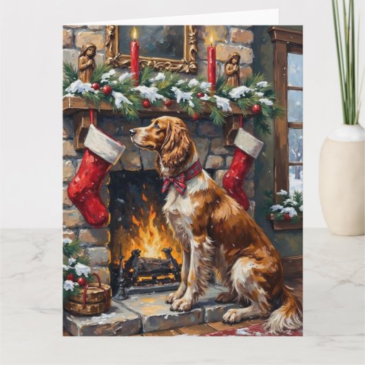 English Setter Christmas Fireplace Stocking カード (正面)