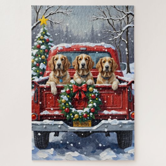 English Setter Christmas Red Truck Holiday ジグソーパズル (縦)
