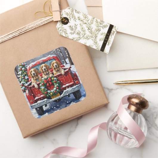English Setter Christmas Red Truck Holiday スクエアシール (ギフト)
