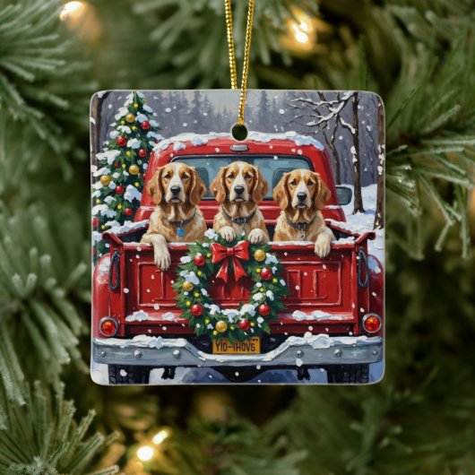 English Setter Christmas Red Truck Holiday セラミックオーナメント (ツリー)