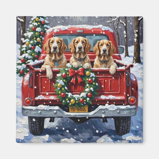 English Setter Christmas Red Truck Holiday マグネット (正面)