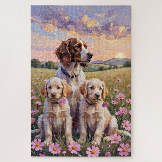 English Setter Cosmos Meadow Art ジグソーパズル (縦)