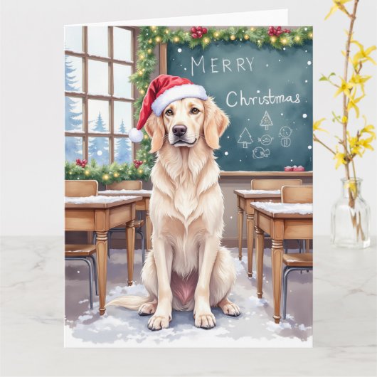 English Setter Cozy Classroom Teacher Santa カード (黄色い花)