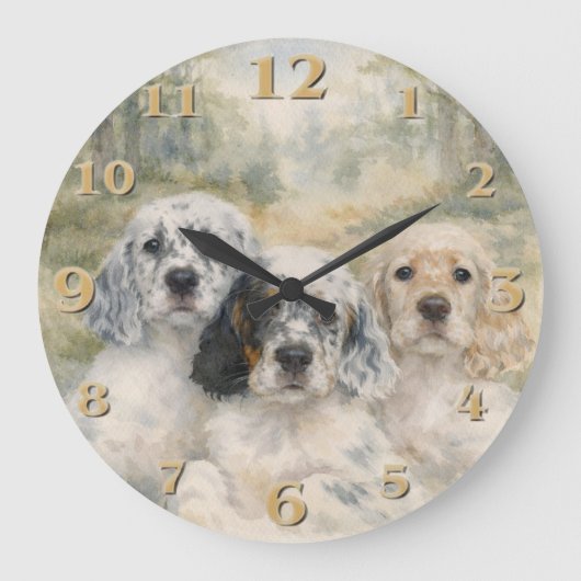 English Setter Puppies ラージ壁時計 (正面)