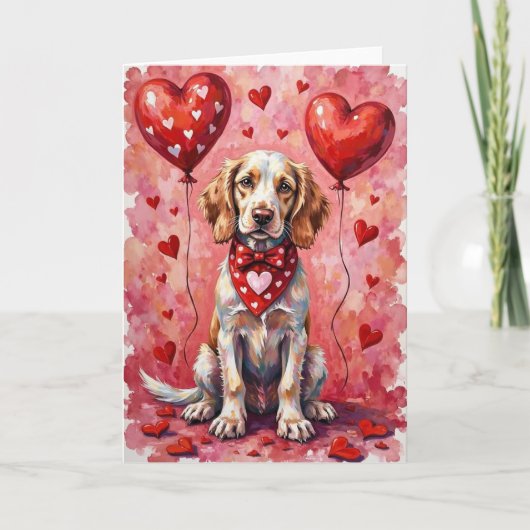 English Setter Valentine’s Day Dog with Hearts Red カード (正面)
