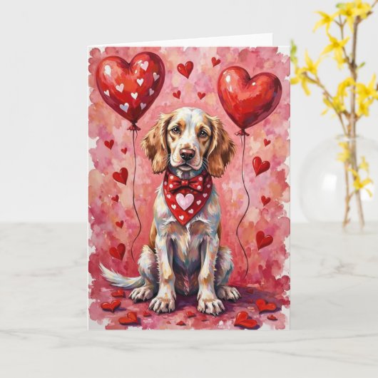 English Setter Valentine’s Day Dog with Hearts Red カード (黄色い花)