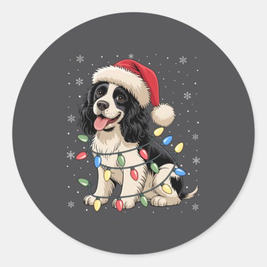 English Springer Spaniel Dog Christmas Tree Lights ラウンドシール (正面)