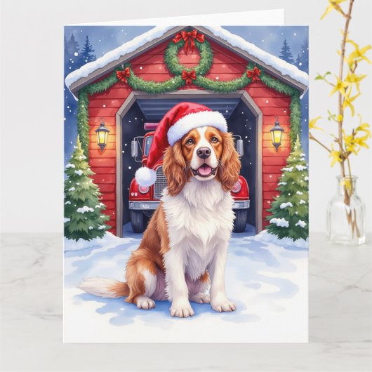 English Springer Spaniel Fire Station Santa カード (黄色い花)