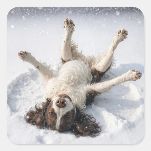 English Springer Spaniel Making a Snow Angel スクエアシール (正面)