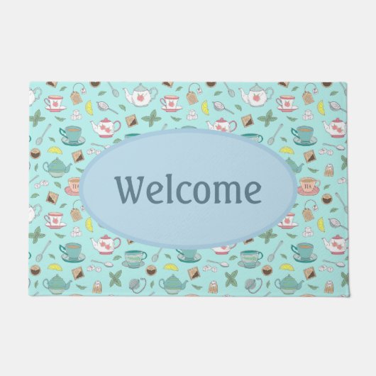 English Tea Cups Teapotsヴィンテージ喫茶店へようこそ ドアマット (正面)