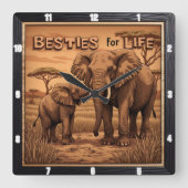 Engraved Besties Elephant Mother Calf スクエア壁時計 (正面)