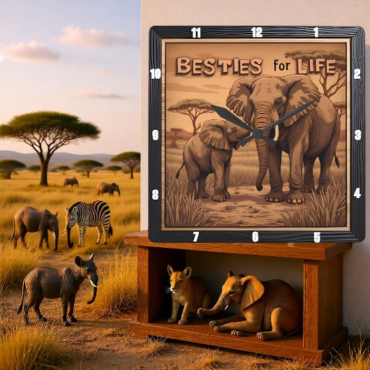 Engraved Besties Elephant Mother Calf スクエア壁時計