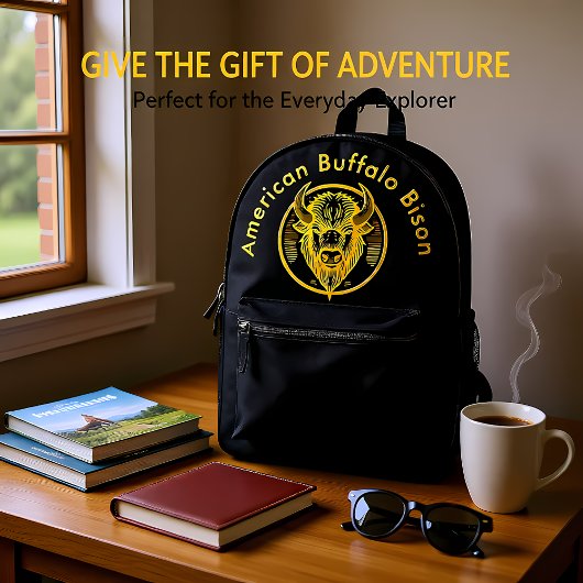 Engraved Bison Buffalo Head in Circular Design プリントバックパック