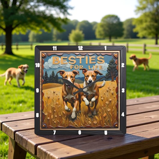 Engraved Dog Pair Blue Sky Field スクエア壁時計