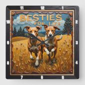 Engraved Dog Pair Blue Sky Field スクエア壁時計 (正面)