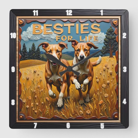 Engraved Dog Pair Blue Sky Field スクエア壁時計 (正面)