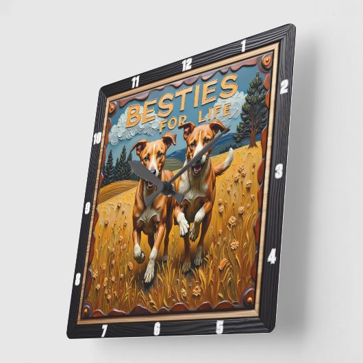 Engraved Dog Pair Blue Sky Field スクエア壁時計 (傾斜)