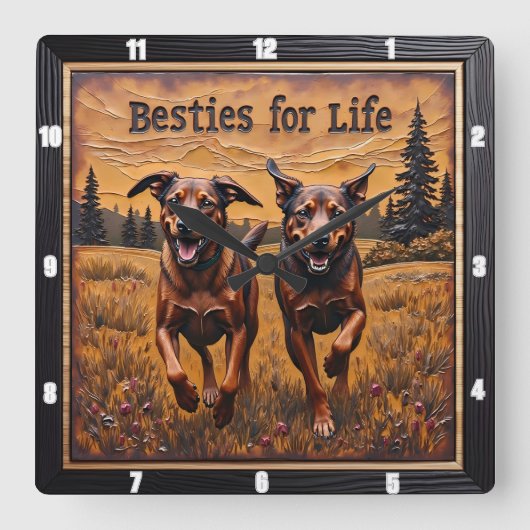 Engraved Dog Pair Happy Forest スクエア壁時計 (正面)