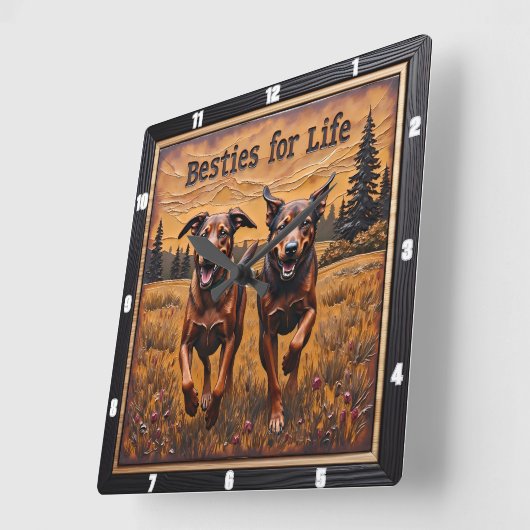 Engraved Dog Pair Happy Forest スクエア壁時計 (傾斜)