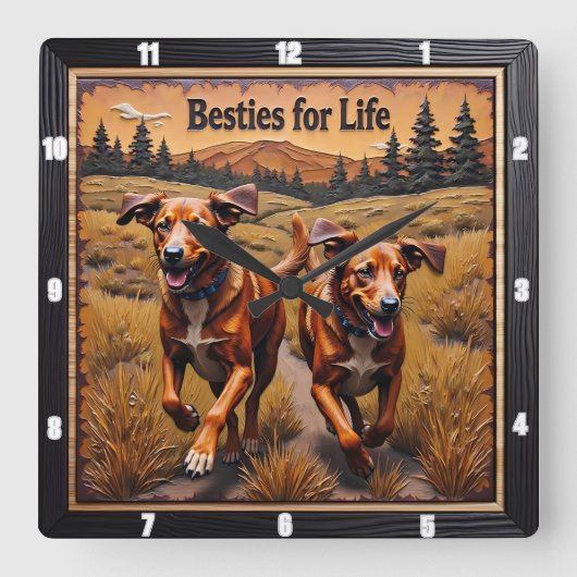 Engraved Dog Pair Mountain Pine スクエア壁時計 (正面)